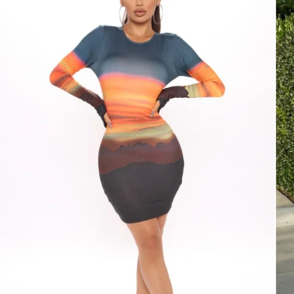 Fashion Nova Desert Sunset Mini Bodycon Longsleeve Dress - Multi Color - Picture 2 of 11